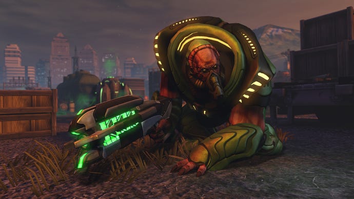 A large pinkish alien in power armour crouches on the ground in XCOM: Enemy Unknown