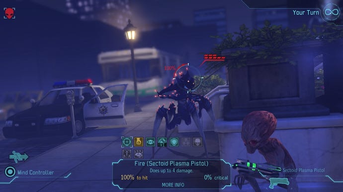 A Sectoid crouches behind a wall as their prepare to fire on another alien in XCOM: Enemy Unknown