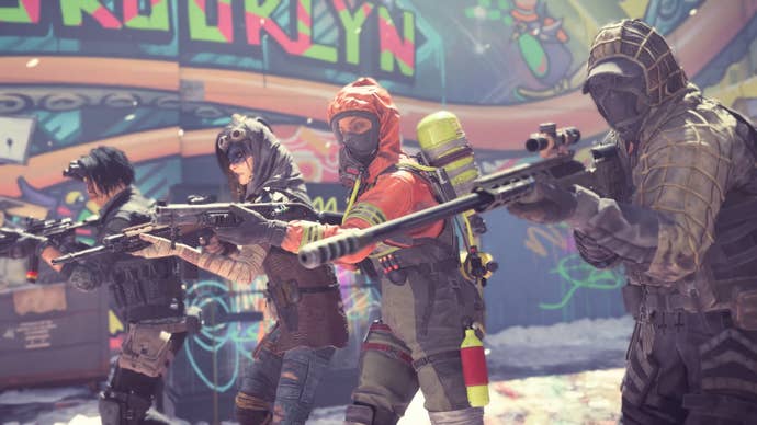 Players from different factions in XDefiant line up side-by-side and aim off-screen.