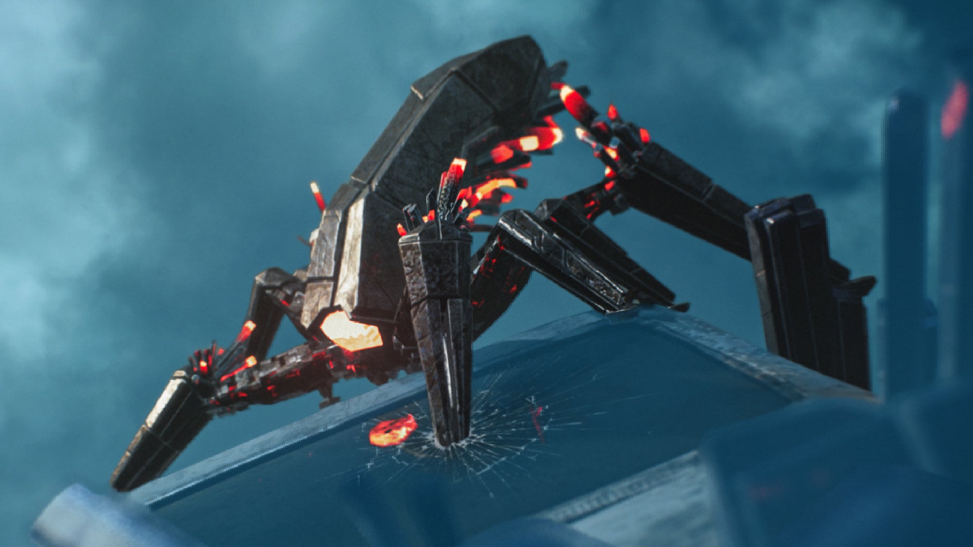 PUBG Xeno Point official image, modified to show the alien scuttler enemy made of metal clearly against blue-hued background