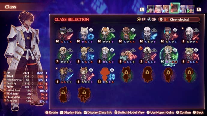 Xenoblade 3 arts: The Strategos class selection screen