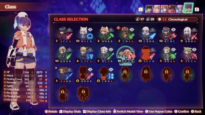Xenoblade 3 arts: The Yumsmith class selection screen