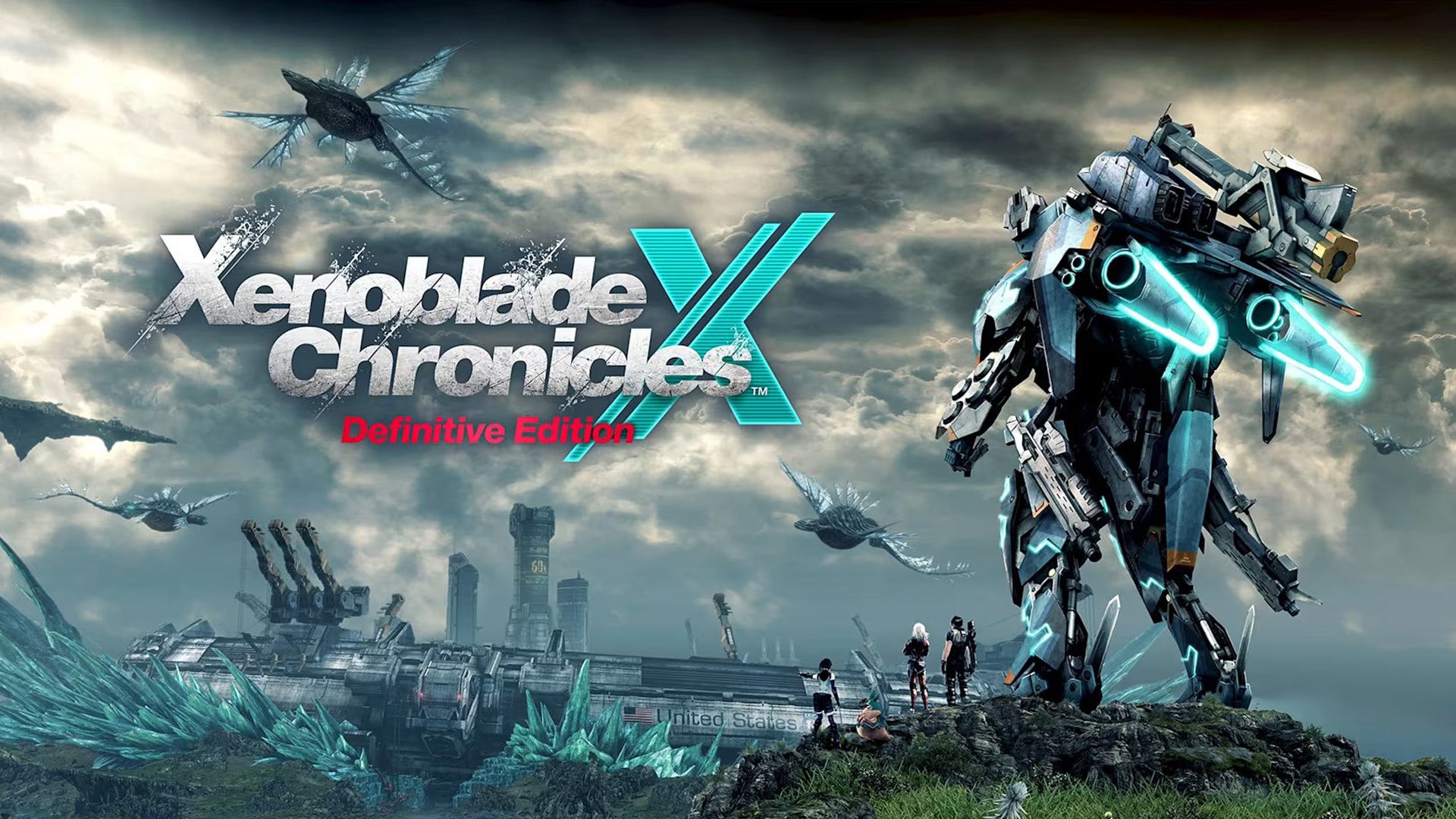 A large mech stood on a hill, various creatures flying in the background in Xenoblade Chronicles X: Definitve Edition.