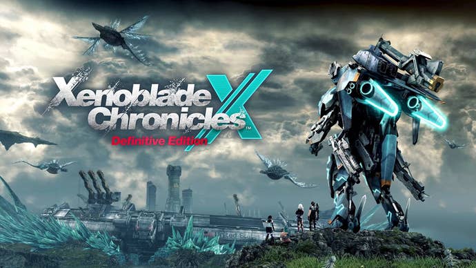 A large mech stood on a hill, various creatures flying in the background in Xenoblade Chronicles X: Definitve Edition.