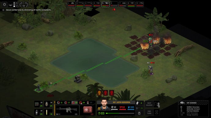 A soldier prepares to fire on an alien across a jungle lake in Xenonauts 2