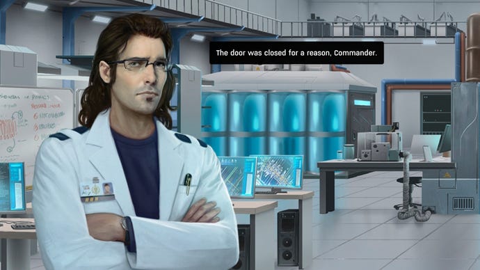 A scientist looks quizzically at the camera in Xenonauts 2