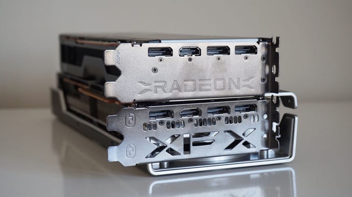 XFX’s Radeon RX 6700 XT graphics card underneath AMD’s Radeon RX 6700 XT graphics card