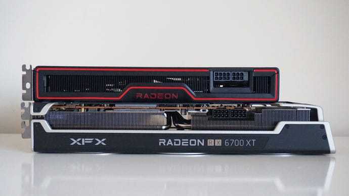 XFX’s Radeon RX 6700 XT graphics card underneath AMD’s Radeon RX 6700 XT graphics card
