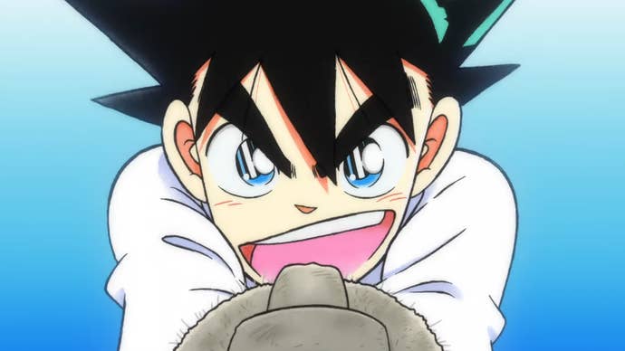 A young boy holding a wooden sword with spiky hair and big eyebrows in Yaiba.