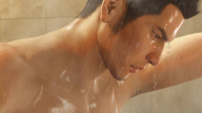 Kiryu showering in a Yakuza 0 screenshot.