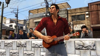 Kiryu plays a guitar in a karaoke music video in Yakuza 6.