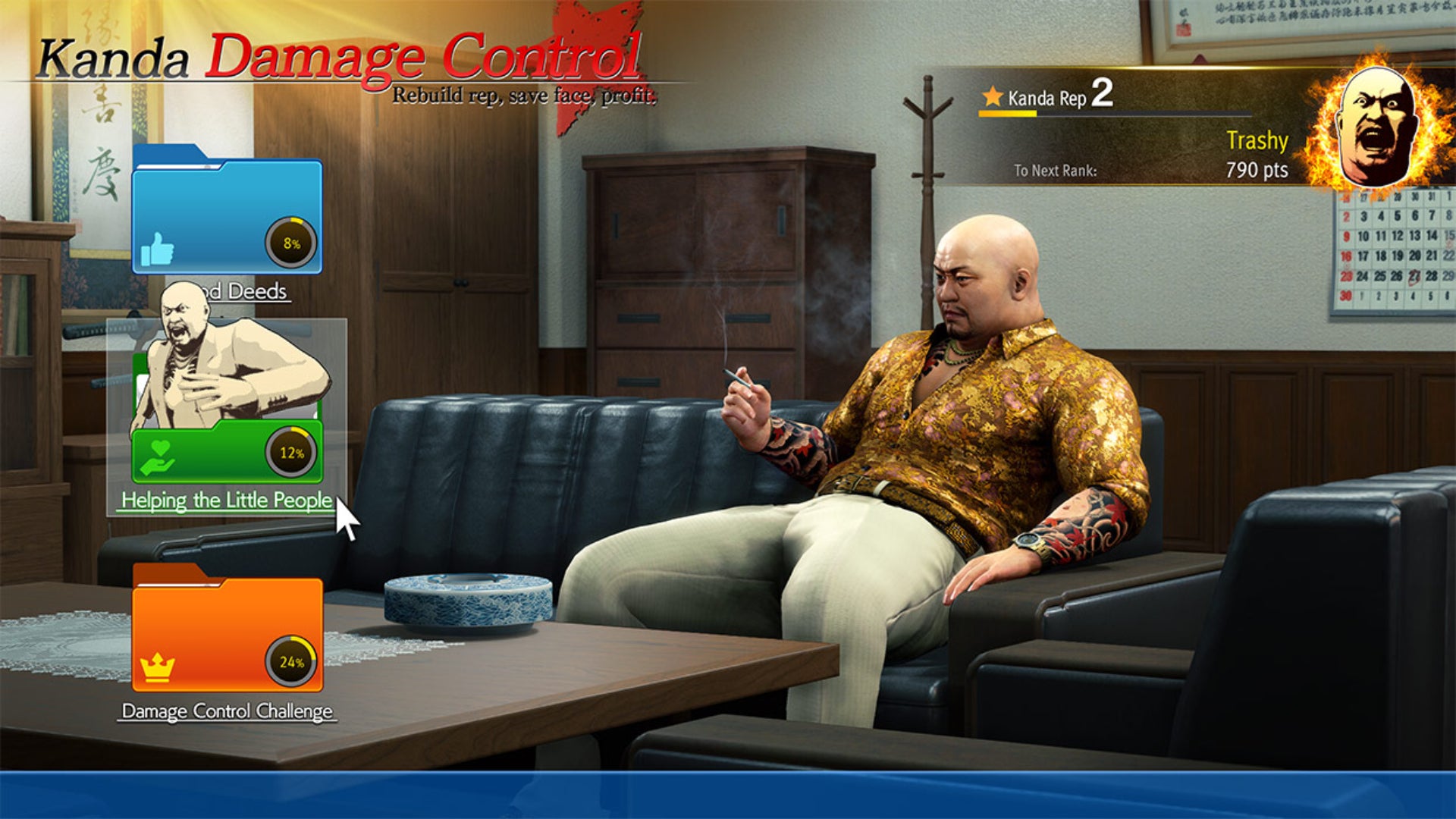 Tsuyoshi Kanda sits and smokes in the menu screen for Dark Ties' Kanda Damage Control minigame. - 5