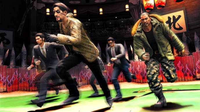 A gang of legendary fighters from the Yakuza series, lead by Mishima, in Like A Dragon Garden: The Man Who Erased His Name
