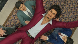 Ichiban Kasuga jumping backwards and being held aloft by men in suits.