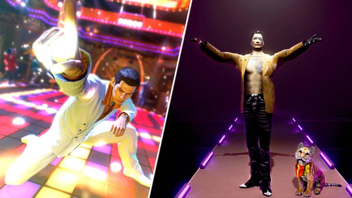 Kazuma Kiryu in Yakuza Zero opposite PS2 Majima in Like a Dragon: Pirate Yakuza in Hawaii.