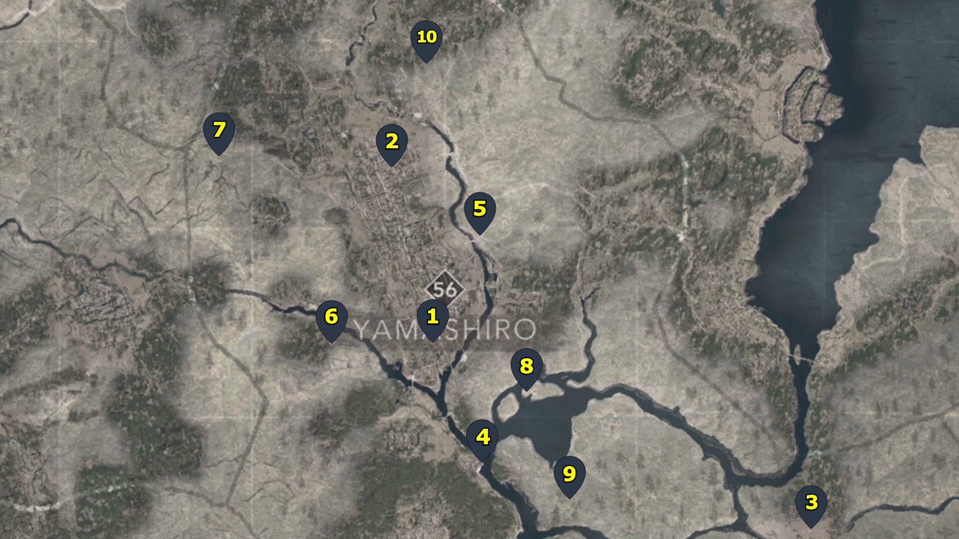 A map with pointers showing all of the Kakurega in the Yamashiro region of Assassin's Creed Shadows. - 5