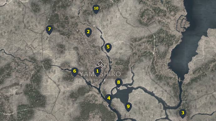 A map with pointers showing all of the Kakurega in the Yamashiro region of Assassin’s Creed Shadows.
