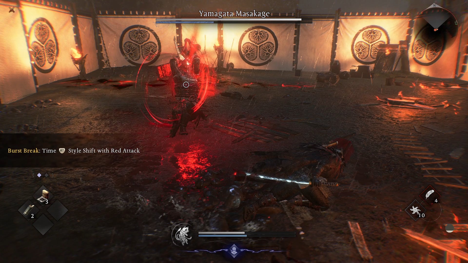 The boss Yamata Masakage glows red as he prepares to unleash a super attack against the player in Nioh 3. - 5