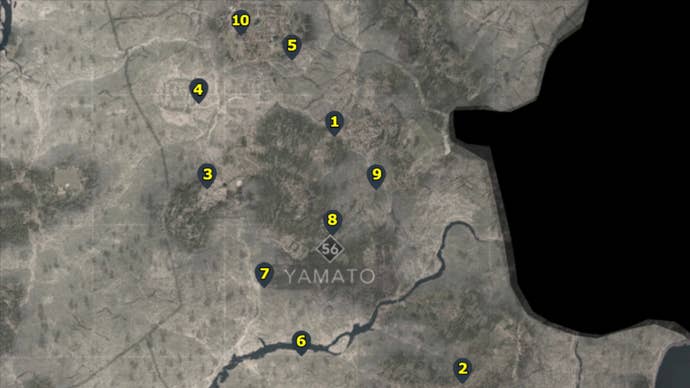 A map with pointers highlighting all of the Kakurega in the Yamato region of Assassin’s Creed Shadows.