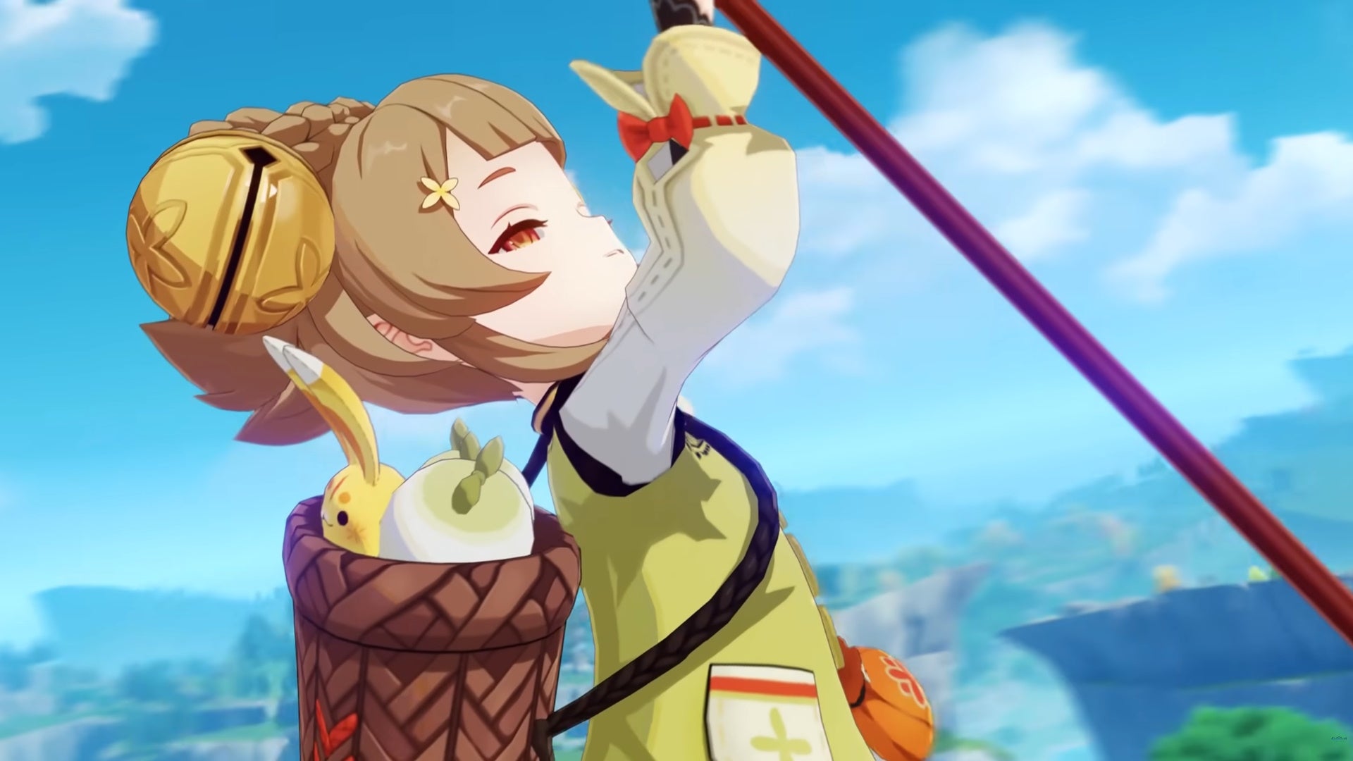 Genshin Impact Yaoyao build: An anime girl with a light green vest and brown hair in pigtails is holding a plus rabbit
