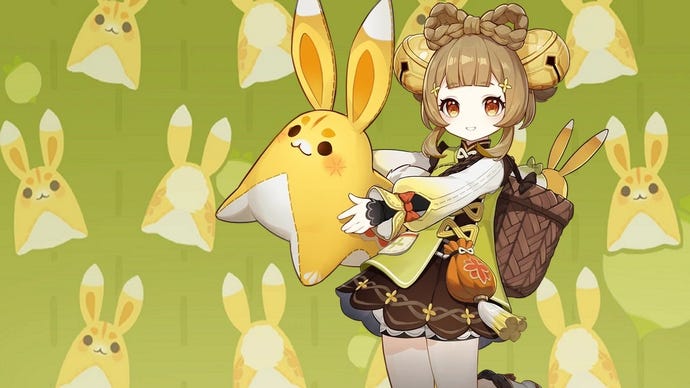 Genshin Impact's Yaoyao poses in her profile image (accompanied by her rabbit Yuegui) against a background of her namecard.
