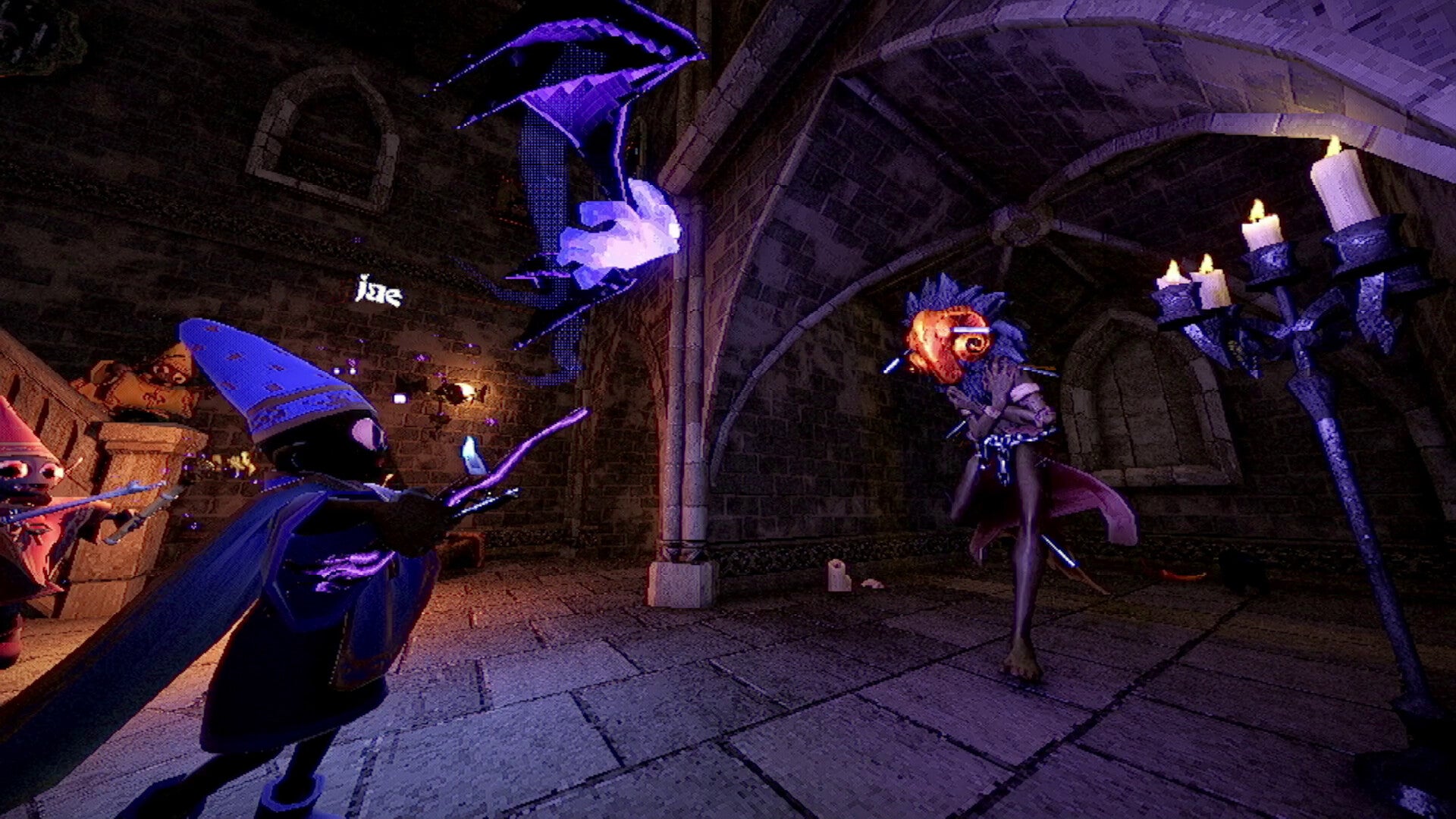 Wizard's minions in hats and capes fighting a monster in a vaulted chamber in Yapyap. - 4