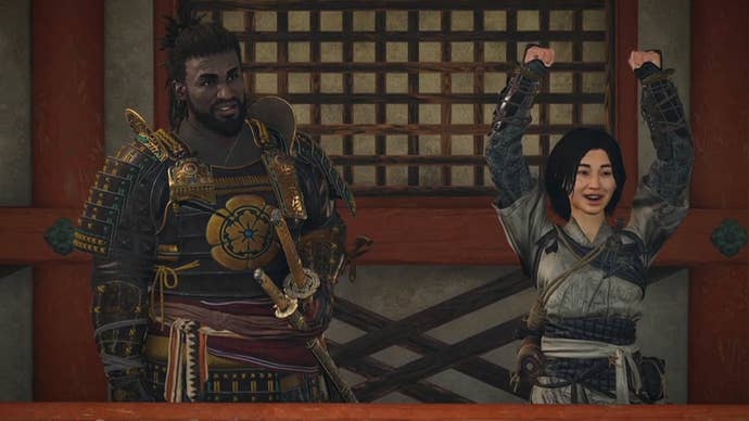 Yasuke and Naoe smile and cheer in Assassin’s Creed Shadows.
