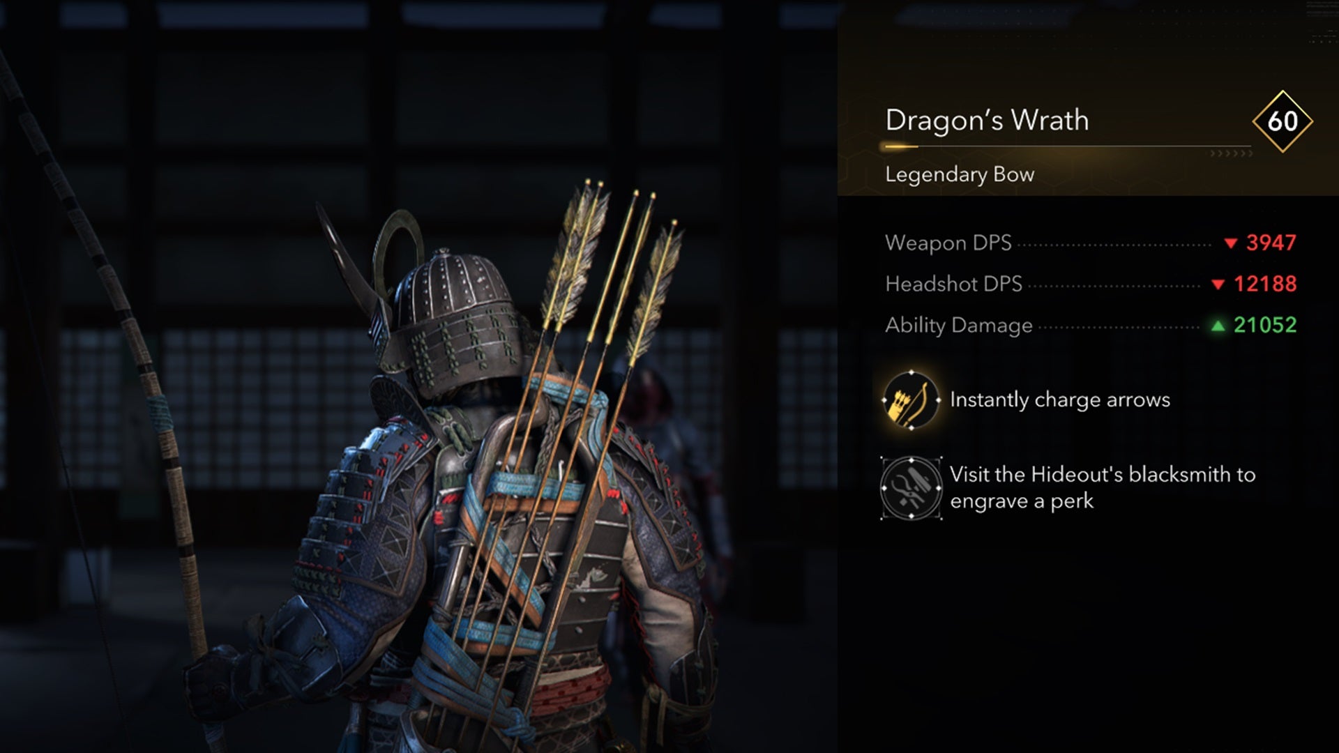 A close-up of the Dragon's Wrath legendary bow in Assassin's Creed Shadows. - 10