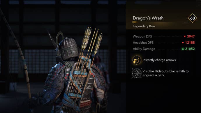 A close-up of the Dragon’s Wrath legendary bow in Assassin’s Creed Shadows.