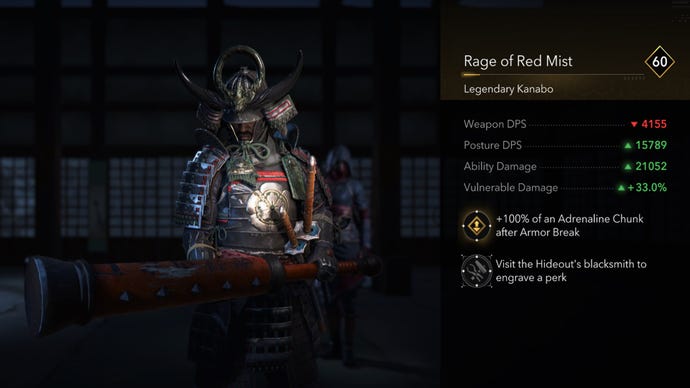 Un primer plano de la ira del legendario Kanabo Red Mist en Assassin's Creed Shadows.