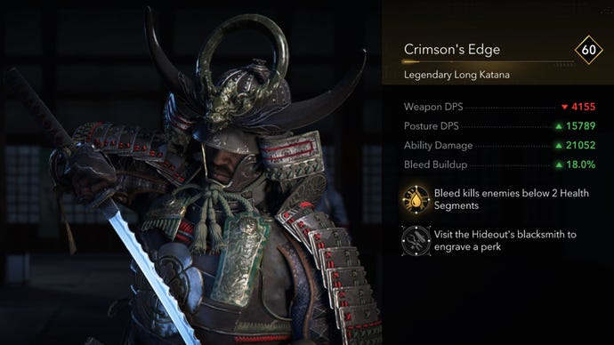 Un primer plano de la legendaria Long Katana de The Crimson's Edge en Assassin's Creed Shadows.
