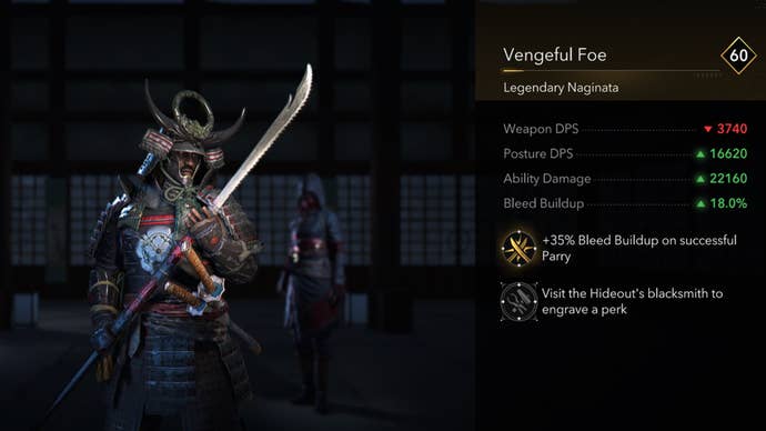 A close-up of the Vengeful Foe legendary naginata in Assassin’s Creed Shadows.