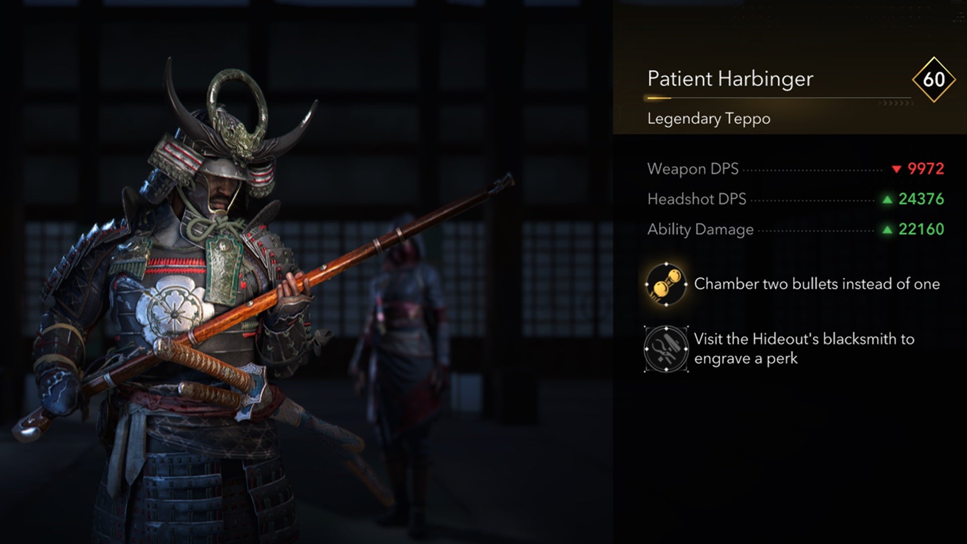 A close-up of the Patient Harbinger legendary teppo in Assassin's Creed Shadows. - 11