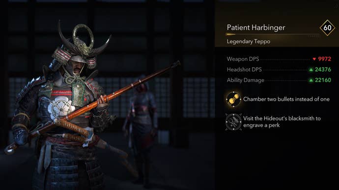 A close-up of the Patient Harbinger legendary teppo in Assassin’s Creed Shadows.