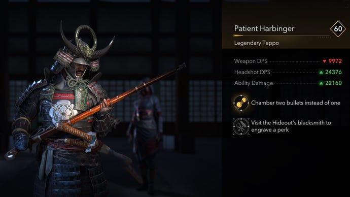 Un primer plano del paciente Harbinger legendario Teppo en Assassin's Creed Shadows.