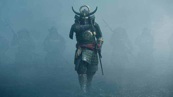 A cinematic image of Yasuke walking through the mist in Assassin’s Creed Shadows.