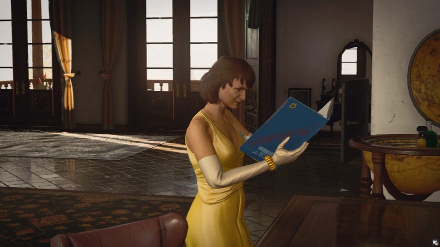 Don Yates' wife looks at an incriminating file in shock in Hitman 3’s Domestic Disturbance challenge.