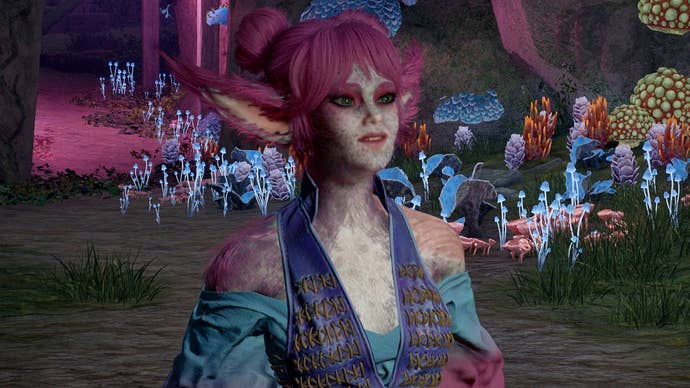 Yatzli the Wizard, an orlan companion in Avowed. She’s basically a furry elf/gnome hybrid with pink hair.