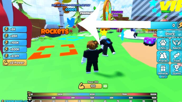 Image showing an arrow pointing at the button players need to press to redeem a code in Roblox experience Yeet a Friend.