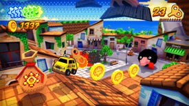 A cute yellow taxi drives across rooftops, collecting coins, in Yellow Taxi Goes Vroom.