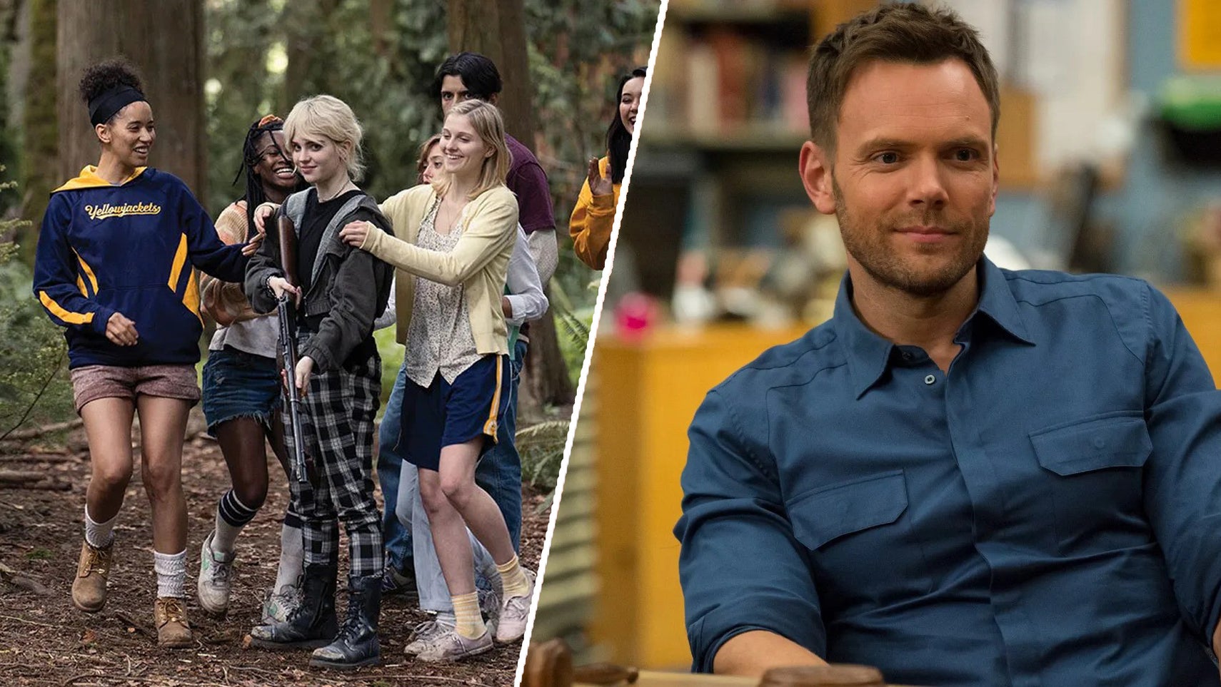 Some of the cast of Yellowjackets gathered in the woods on the left, Joel McHale as Jeff Winger in Community sat slightly smiling while sat down. - 1