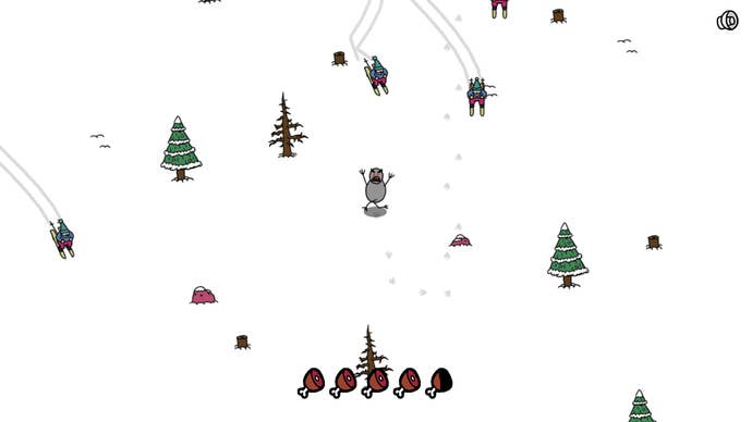 An abominable snowman chases skiers in a Yetti Upsetti screenshot.