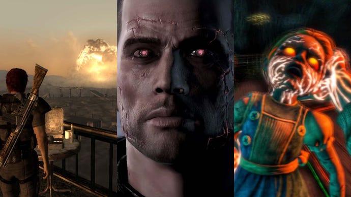 Three images. The first shows Megaton atomised by a nuclear explosion in Fallout 3. The second shows Commander Shepheard from Mass Effect covered in scars. The third shows a little sister from Bioshock being harvested.
