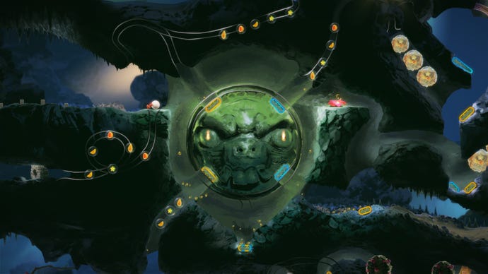 A small dung beetle approaches a pinball sequence in Yoku's Island Express