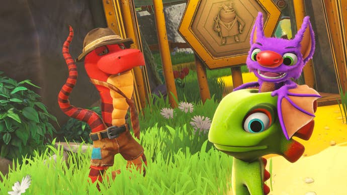 A Yooka-Replaylee screenshot showing Yooka, Laylee, and Trowzer the snake.