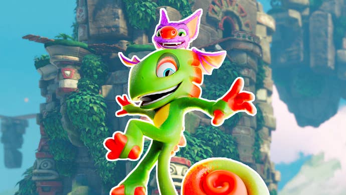 Yooka-Replaylee artwork showing its colourful bat and lizard protagonists Yooka and Laylee striking an acrobatic pose in front of a towering tropical mountain.
