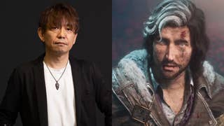 Double image, with left side showing headshot of Naoki Yoshida and right side showing screenshot of male protagonist Verso from Clair Obscur