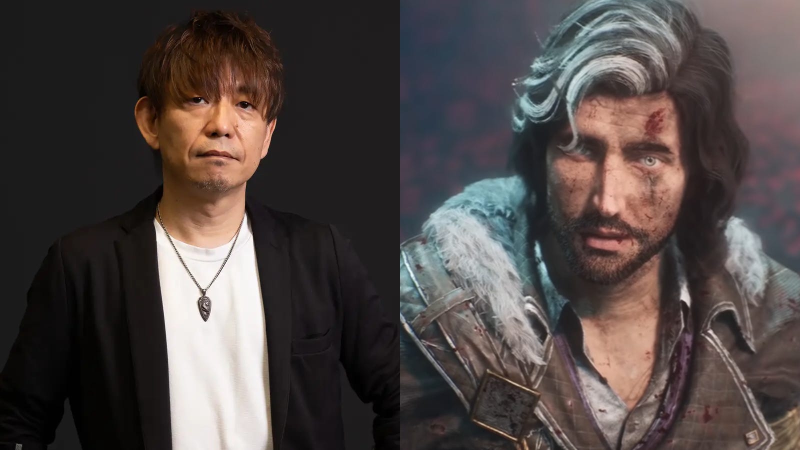 Double image, with left side showing headshot of Naoki Yoshida and right side showing screenshot of male protagonist Verso from Clair Obscur