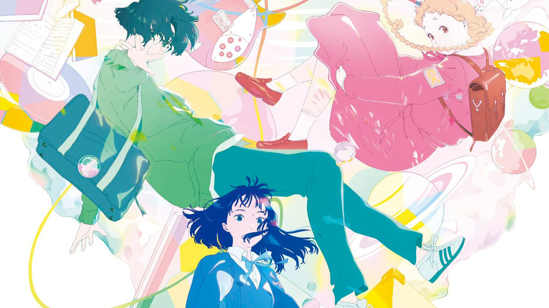 Two teen girls and a teen boy float amongst a variety of colours and shapes in a poster for Your Colours.