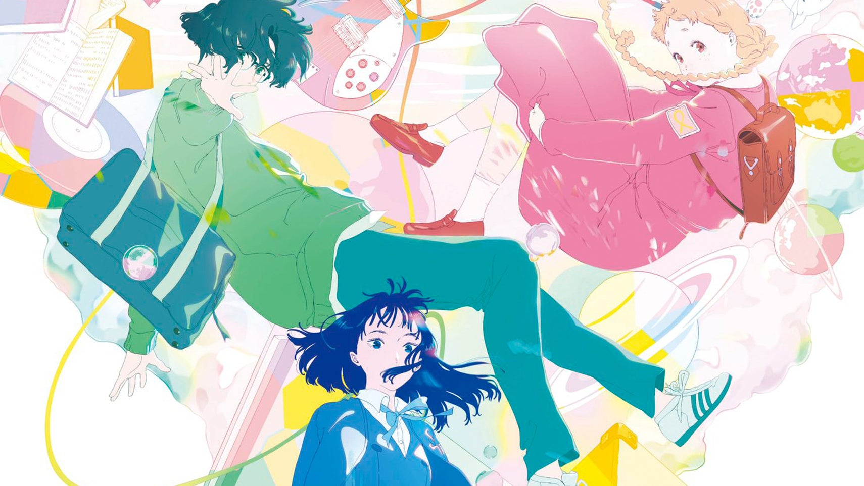 Two teen girls and a teen boy float amongst a variety of colours and shapes in a poster for Your Colours. - 1